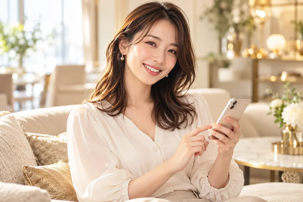 スマートフォンを手に笑顔で買い物を楽しむ女性のイメージ